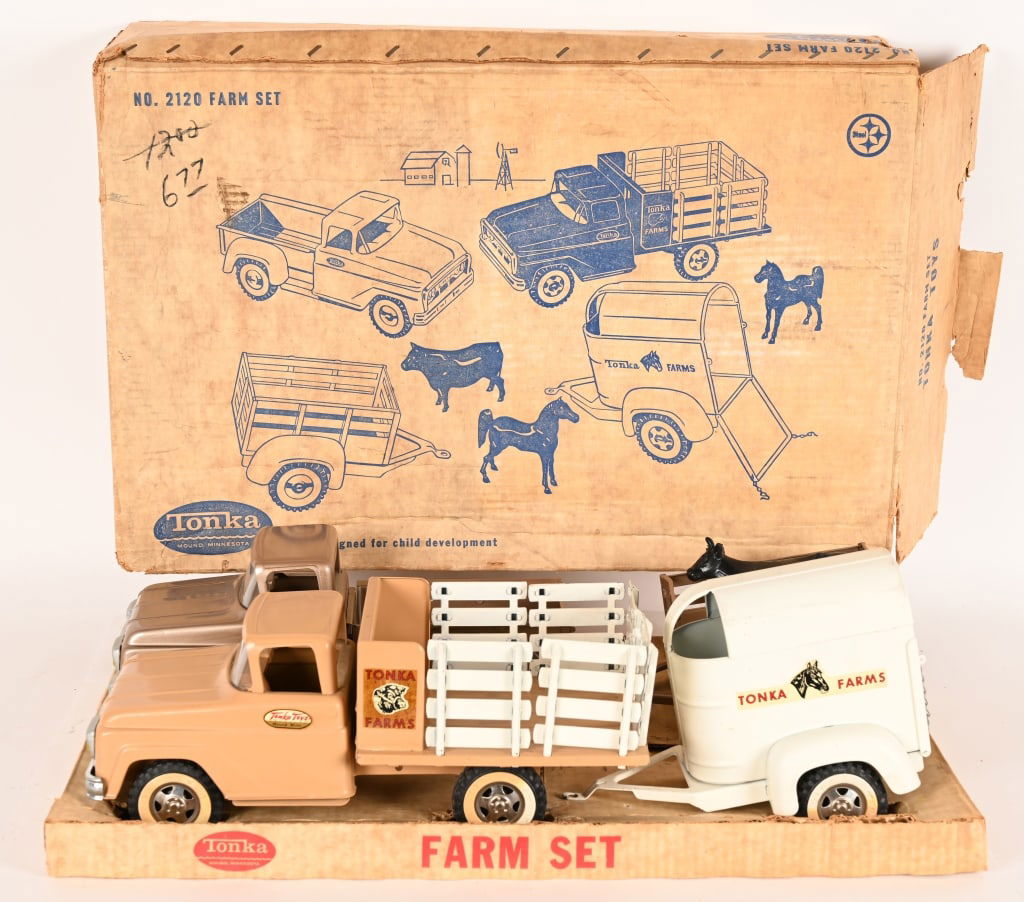 1962 TONKA #2120 FARM SET w/ BOX: 1962 Tonka #2120 Farm Set. All original and in great condition. Complete with Stake Truck, Horse Trailer, Pickup Truck, Stake Trailer, and Horse. All boxed with insert. 23" Excellent