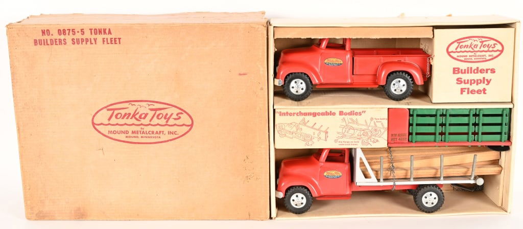 1955 TONKA #0875-5 BUILDERS SUPPLY FLEET w/ BOX: 1955 Tonka #0875-5 Builders Supply Fleet. All original and looks basically never played with condition. Includes Truck with Interchangeable Beds and Pickup Truck. Boxed with Inserts. 20" Excellent