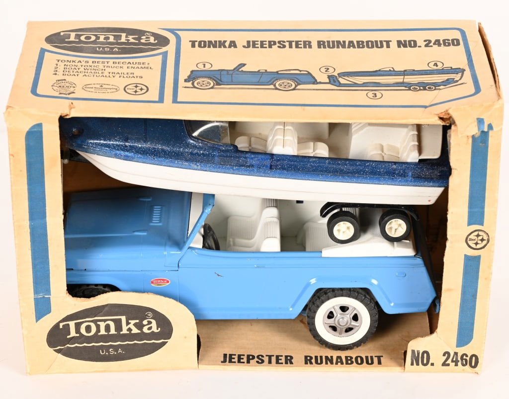 TONKA #2460 JEEPSTER RUNABOUT w/ BOX: #2460 Tonka Jeepster Runabout. All original and complete with Boat and Trailer. Looks never played with condition. Boxed. 14 1/2" Excellent