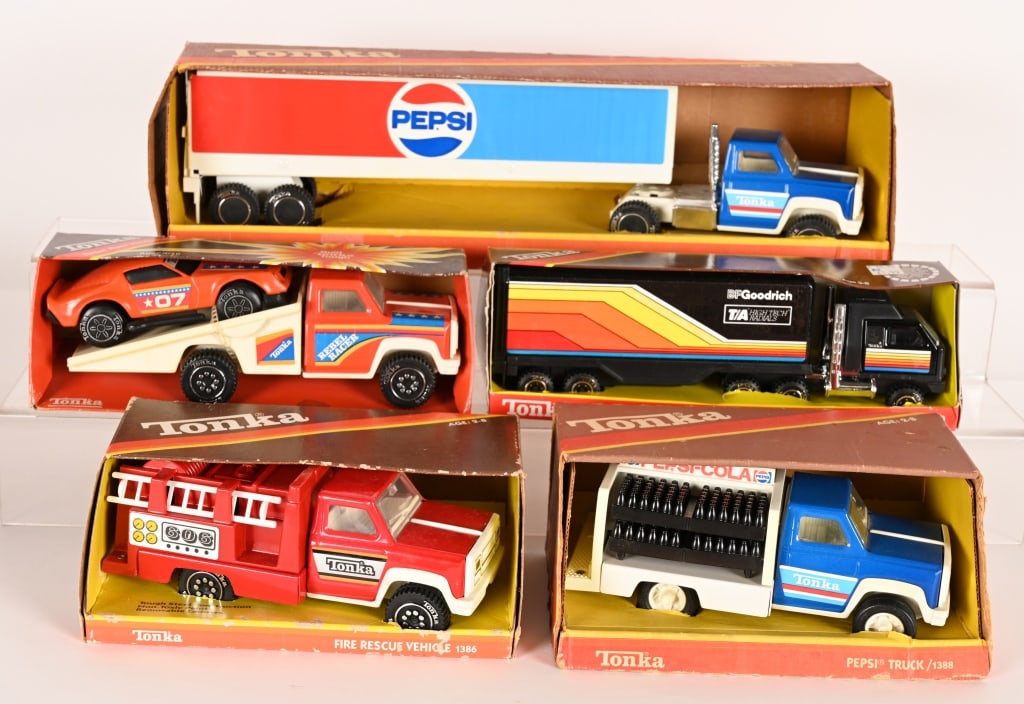 5- VINTAGE TONKA TRUCKS w/ BOXES: 5- Vintage Tonka Truck. All New Old Stock in Boxes. Largest 17" Near Mint