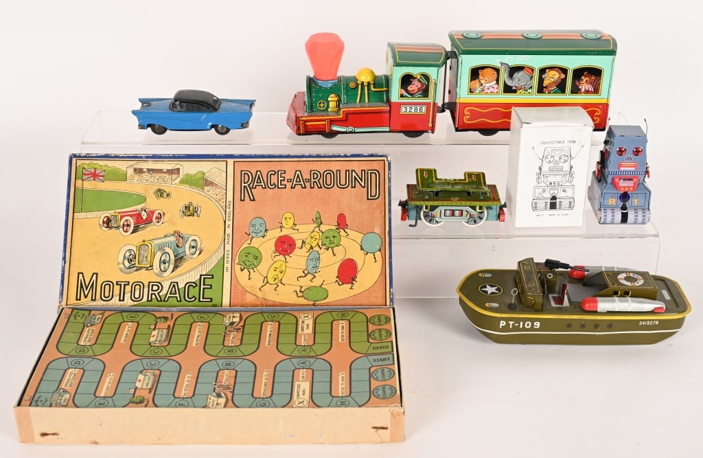 LOT OF VINTAGE TOYS & MORE: Includes Japan friction Animal Train, Japan friction PT Boat, Japan Blue Car, Motorace Game in Box, and More. AS-IS