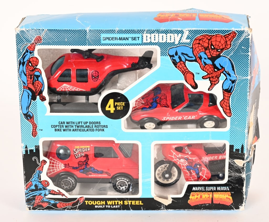 BUDDY L SPIDERMAN SECRET WARS SET w/ BOX: Buddy L Spiderman Secret Wars Set. All complete and not played with. Boxed 10" Excellent