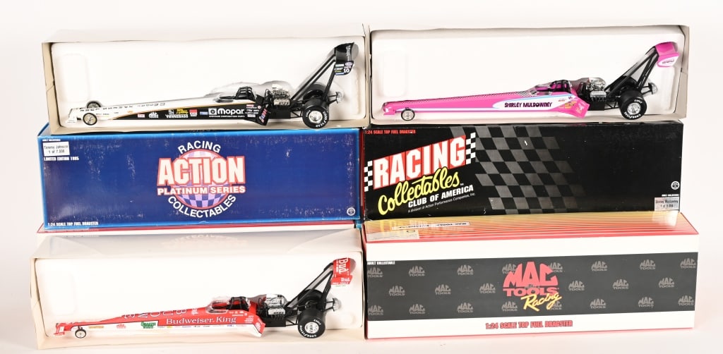 8- ACTION & MORE NHRA TOP FUEL DRAGSTERS MIB: Includes Darryl Gwyen Coors, Mac Budweiser, Mopar, Joe Amato, McDonlds, Mac Valviline, Tommy Johnson, and Shirley Muldowney. All 1:24 Scale. MIB