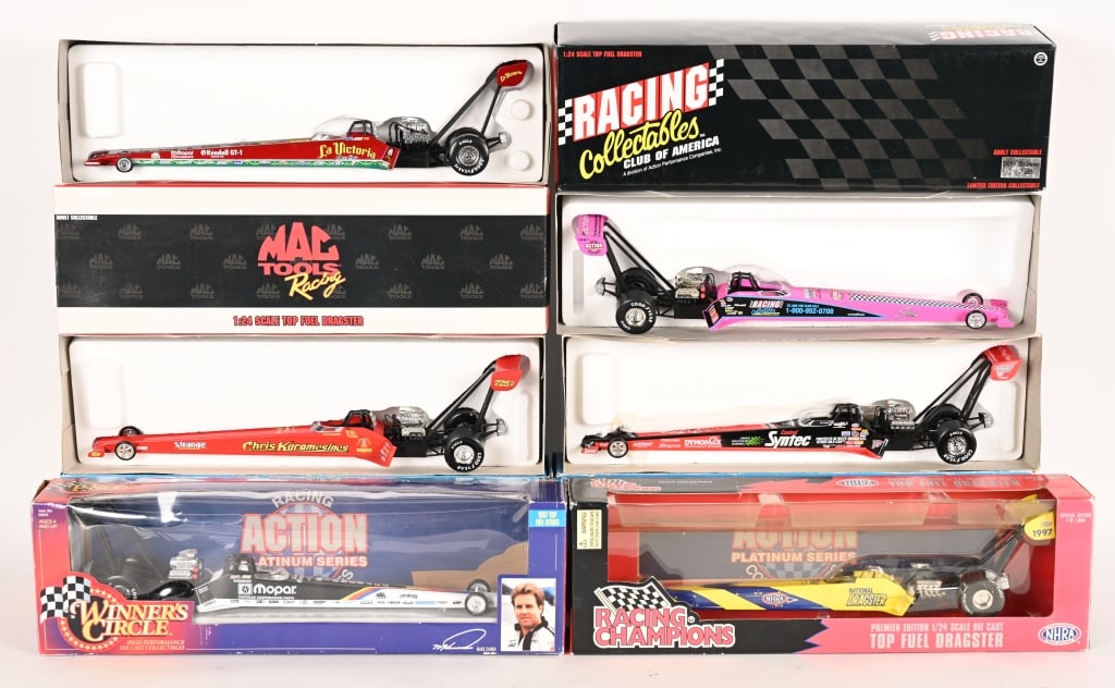 8- ACTION & MORE NHRA TOP FUEL DRAGSTERS MIB: Includes Darryl Gwyen, American International, Shirley Maldowney, Winnebago, National Dragster, Chris Karamesines, Pat Austin, and Mac La Victoria. All 1:24 Scale. MIB