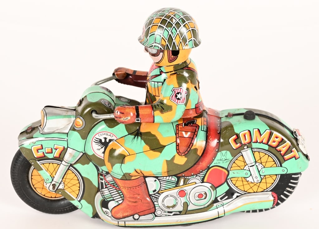 JAPAN TIN FRICTION COMBAT MOTORCYCLE: All original and works. 8" Excellent