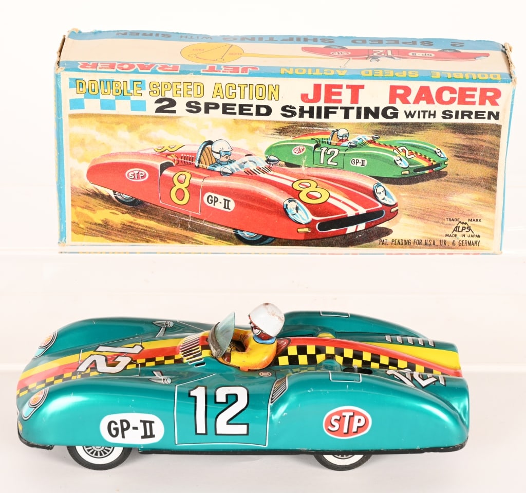 JAPAN TIN FRICTION JET RACER w/ BOX: All original with double speed action. Clean condition. Works. Boxed 9" Excellent