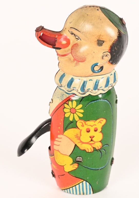 GERMAN TIN CLOWN SPARKLER: All original with nice colors. Sparks at nose. Works but needs new flint. 4 1/2" Excellent