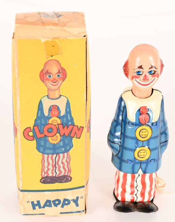 US ZONE GERMANY TIN WINDUP HAPPY CLOWN w/ BOX: All original in great shape with nice colors. Works. Boxed 6" Excellent