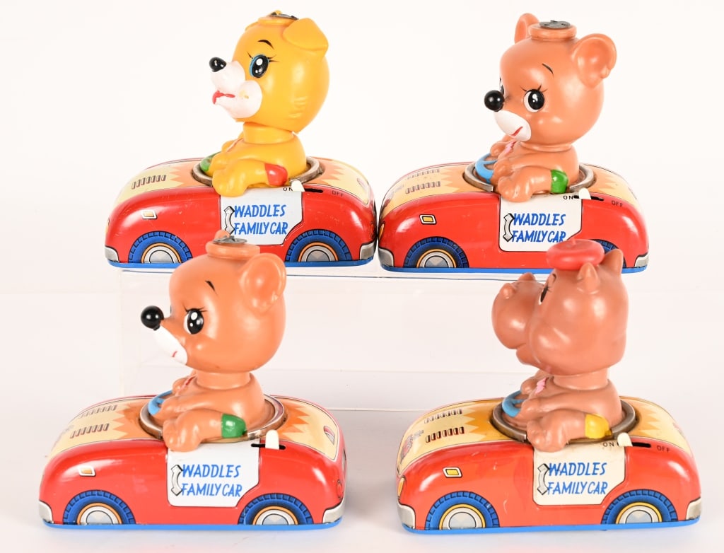 4- JAPAN BATTERY OP WADDLES FAMILY CARS: Includes 2- Bears, Hippo, and Dog. All original in great shape. Worked when tested. 6 1/2" Excellent