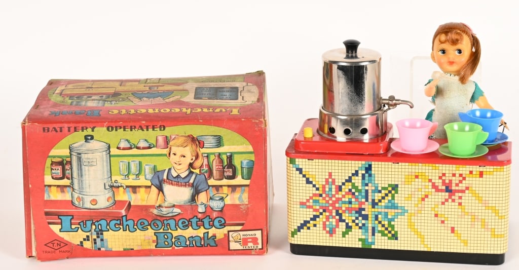 JAPAN BATTERY OP LUNCHEONETTE BANK w/ BOX: All original and complete. Worked when tested. Boxed 8 1/2" Excellent