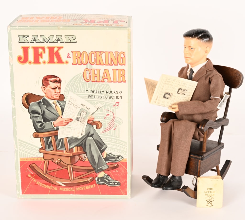 KAMAR WINDUP MUSICAL JFK ROCKING CHAIR w/ BOX: All original and complete. Still has Kamar Tag. Worked when tested. Boxed 12" Excellent