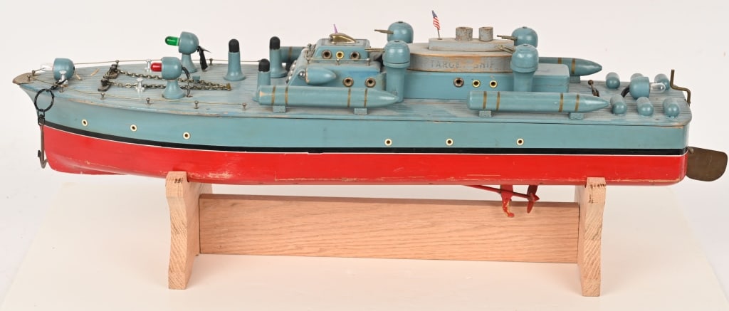 JAPAN WOOD BATTERY OP PT BOAT w/ STAND: Large and impressive wood PT boat made in Japan. Very detailed and includes small Target Boat. Untested. 28" Very Good-Excellent
