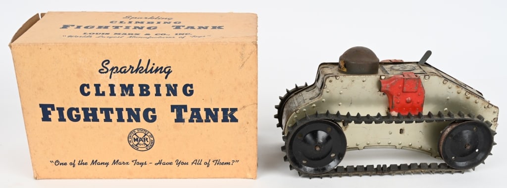 MARX TIN WINDUP CLIMBING TANK w/ BOX: Marx tin windup Tank with the original box. Worked when tested. May clean to a higher grade. Original box is missing an end flap. 10" Very Good-Excellent