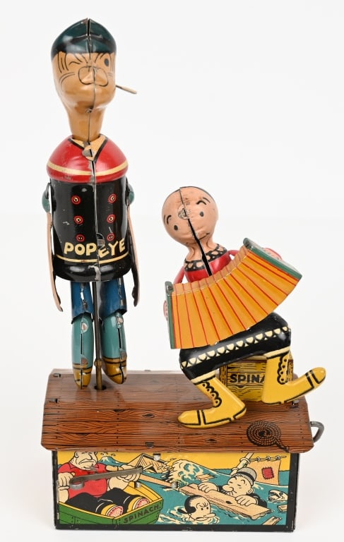 MARX TIN WINDUP POPEYE & OLIVE OYL ON ROOF: Marx tin windup Popeye and Olive Oyl Jiggers on Roof. Very nice colors and graphics with gloss. Minor paint touch up. Windup is not working 9" Excellent