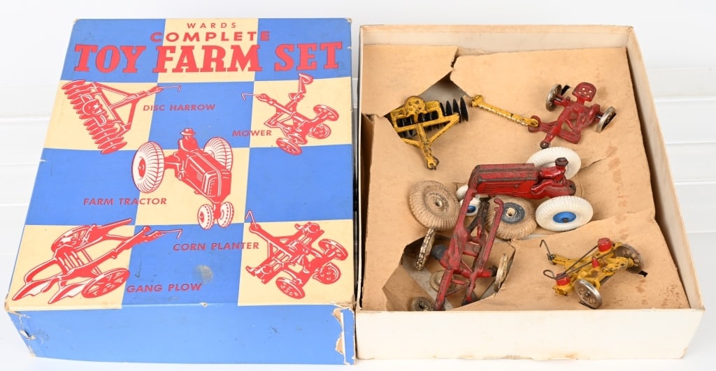 ARCADE CAST IRON WARD'S TOY FARM SET w/ BOX: Nice Farm Set made for Ward's Stores. Includes Arcade cast iron Tractor, Mower, Corn Planter, Disc Harrow, and Plow. All have play wear. The tractor has correct replacement tires, but the worn