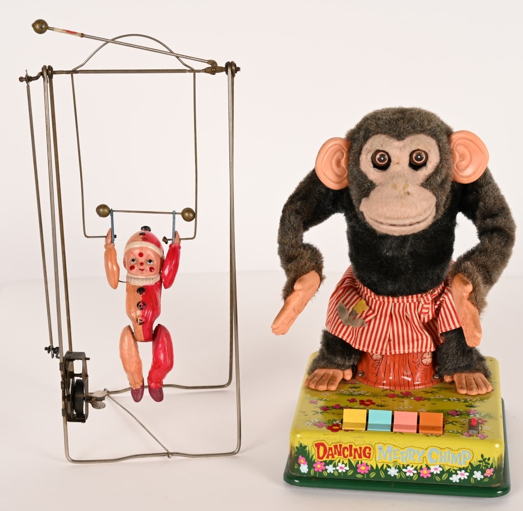 JAPAN CLOWN ACROBAT & DANCING MERRY CHIMP: includes battery operated dancing Merry Chimp and celluloid windup Clown Acrobat. Excellent