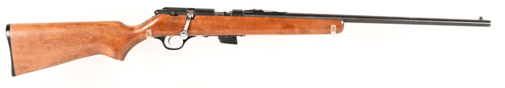 GLENFIELD MODEL 20 BOLT ACTION 22 RIFLE: SERIAL NUMBER: N.S.N. BARREL: 22" CALIBER: 22 S. L. LR. MANUFACTURED: 1960 - 1970 Blue finished steel with standard sights. Magazine fed bolt action. Hardwood smooth finish stock with plastic butt pla
