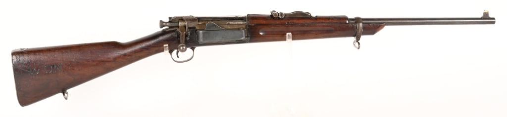 SPRINGFIELS ARMORY 1895 KRAG CUT DOWN RIFLE.30/40: SERIAL NUMBER: 26778 BARREL: 22 1/4" CALIBER 30-40 KRAG. This rifle has been cut down to look like a carbine at some point. Metal is blue finish steel with 1903 model sights. Cut down hardwood stock w