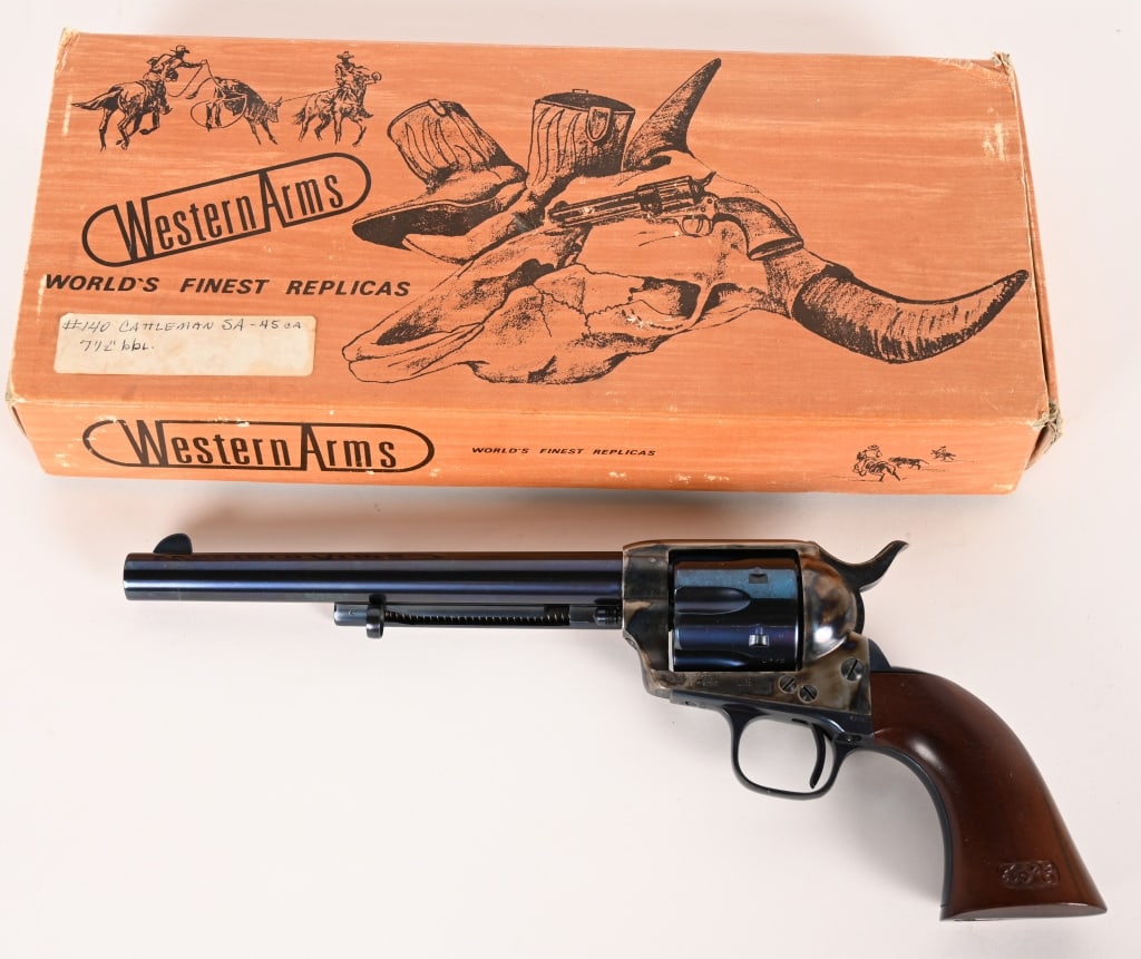 WESTERN ARMS / CIMARRON SINGLE ACTION ARMY 45LC: SERIAL NUMBER: C00228 BARREL: 7 1/2" CALIBER: 45 COLT. MANUFACTURED: 1990 - 2000 Made in Italy by A. Uberti and imported by Cimarron. Metal is fire blue finish with case color frame. Case color hammer
