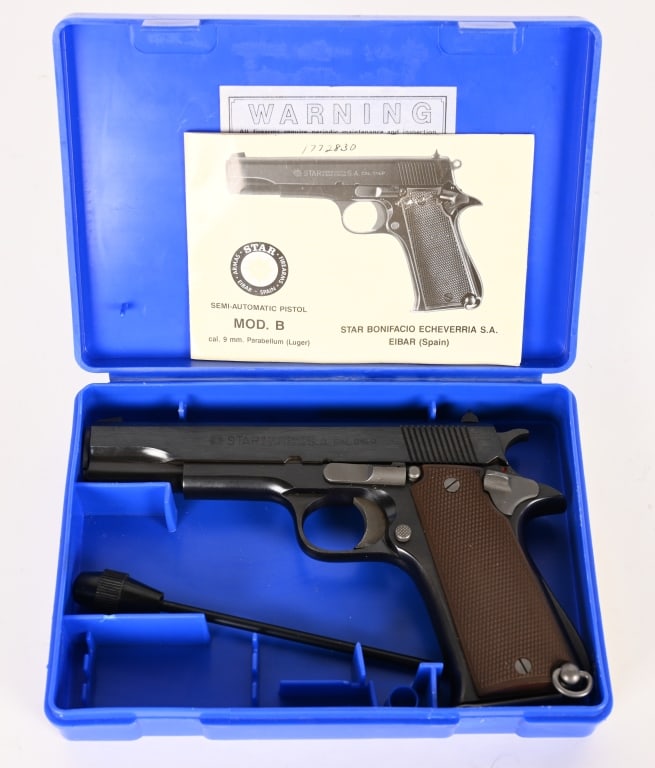 BOXED STAR MODEL SUPER B SEMI AUTO PISTOL: SERIAL NUMBER: 1772830. BARREL: 5" CALIBER: (9X19) 9MM. MANUFACTURED: 1980-1985 Offered is an as new in box Star Super B semi auto pistol. Very similar to the Colt 1911 in profile, this is a quality h