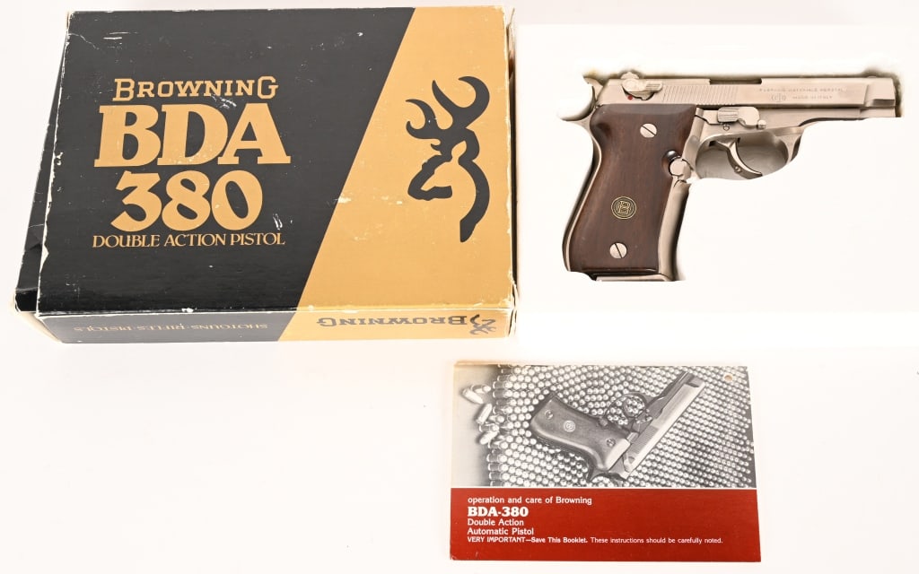 BOXED BROWNING NICKEL MODEL BDA .380 SEMI AUTO: SERIAL NUMBER: 425PY24029 BARREL: 3 3/4" CALIBER: 380 AUTO. MANUFACTURED: 1977 - 1997 Made in Italy by Beretta for Browning. Metal is nickel finished with walnut grips. One 13 round magazine with fact