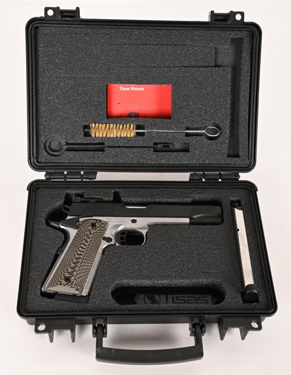 TISAS / ZIG 1911-D10 SEMI AUTO PISTOL 10 MM: SERIAL NUMBER: T0620-22DA00481 BARREL: 5" CALIBER: 10 MM MANUFACTURED: 2020's Made in Turkey. Two tone finish with target style sights. G-10 textured grips with (2) 7 round magazines. Factory hard cas