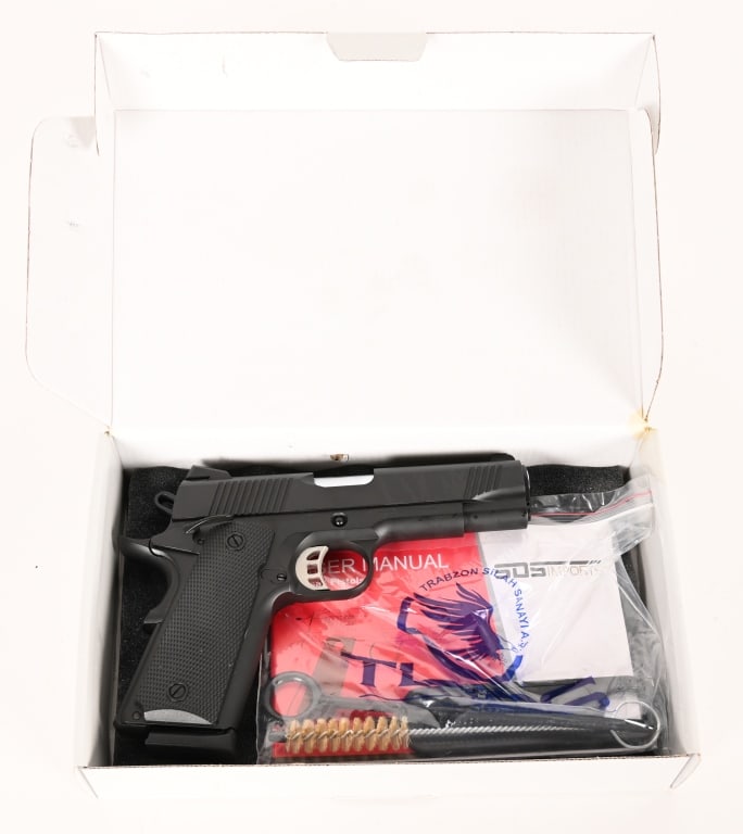 BOXED TISAS 1911 CARRY SEMI AUTO PISTOL 45 ACP: SERIAL NUMBER: T0620-21AP08433 BARREL: 4 1/4" CALIBER: 45 ACP. MANUFACTURED: 2020's Made in Turkey and imported by SDS. Black parkerized finish with Novak style 3 dot sights and polished barrel. (1) 8