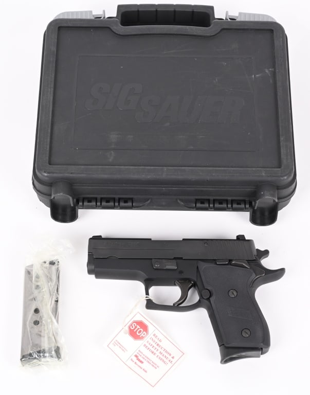 SIG SAUER P220 COMPACT SEMI AUTO PISTOL WITH CASE: SERIAL NUMBER: G407214. BARREL: 4". CALIBER: .45 ACP. MANUFACTURED: 2010. Frame made in GERMANY. Factory MH3 sights. Nitron finish and factory checkered synthetic grips. Includes two factory compact s