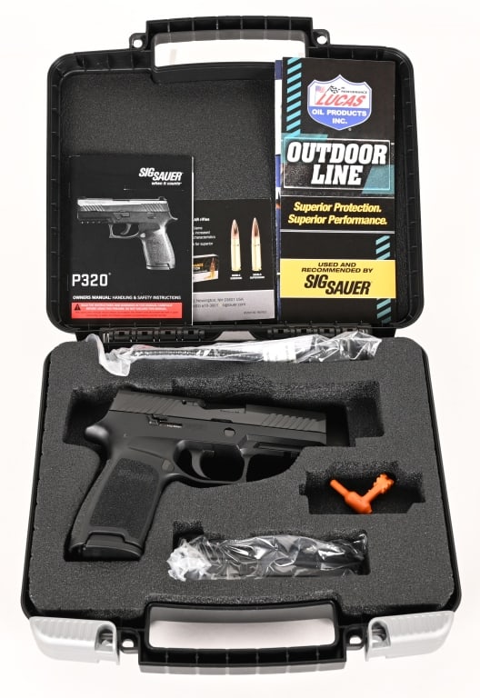 SIG SAUER P320 SEMI AUTOMATIC 9MM PISTOL W CASE: SERIAL NUMBER: 58A124725. BARREL: 3 7/8". CALIBER: 9X19. This pistol is a compact medium semi-automatic striker fired pistol. It features a black nitron finished slide with a dove tail front and rear