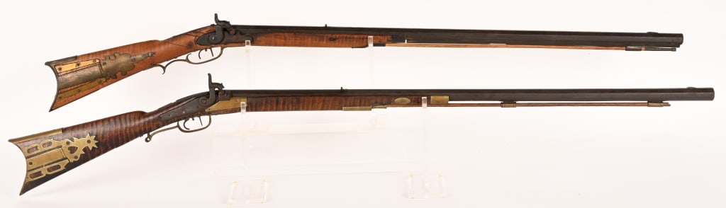 2- PERCUSSION TIGER MAPLE HALF STOCK RIFLES (1 of 17)