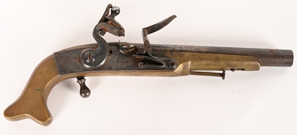 SCOTTISH ALL METAL FLINTLOCK PISTOL REPLICA: SERIAL NUMBER: NSN, BARREL: 7" . CALIBER: about .58 MFG: Modern made in Italy. Nicely made modern replica of a Scottish all metal flintlock pistol. CONDITION: Mostly smooth metal, could use some clean