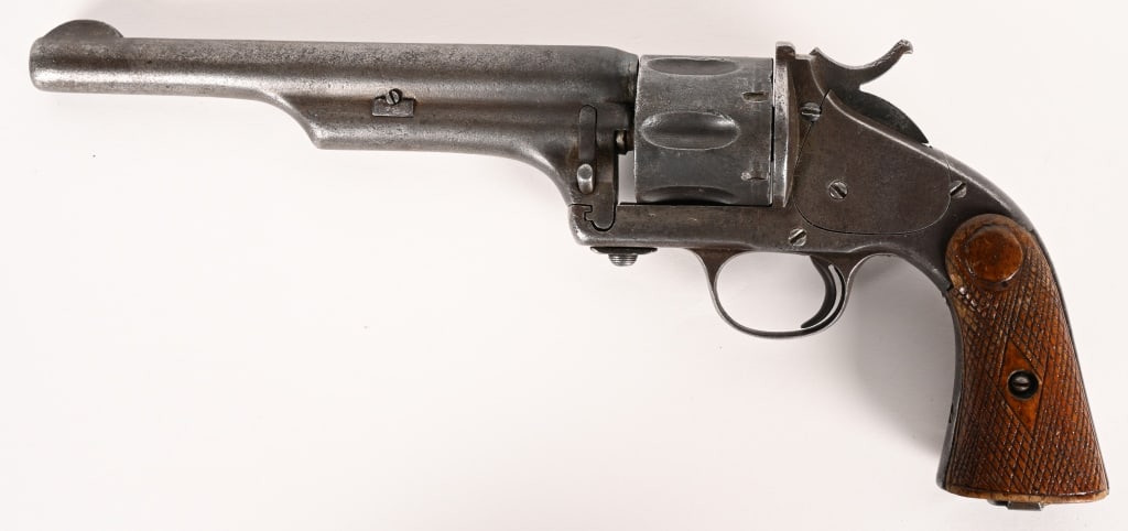 MERWIN & HULBERT .44 LARGE FRAME REVOLVER: SERIAL NUMBER: 21456, BARREL: 7'". CALIBER: .44, MFG: 1876-1880's. Merwin & Hulbert large frame single action Army revolver. This is an early open top revolver with square butt. CONDITION: No finish w