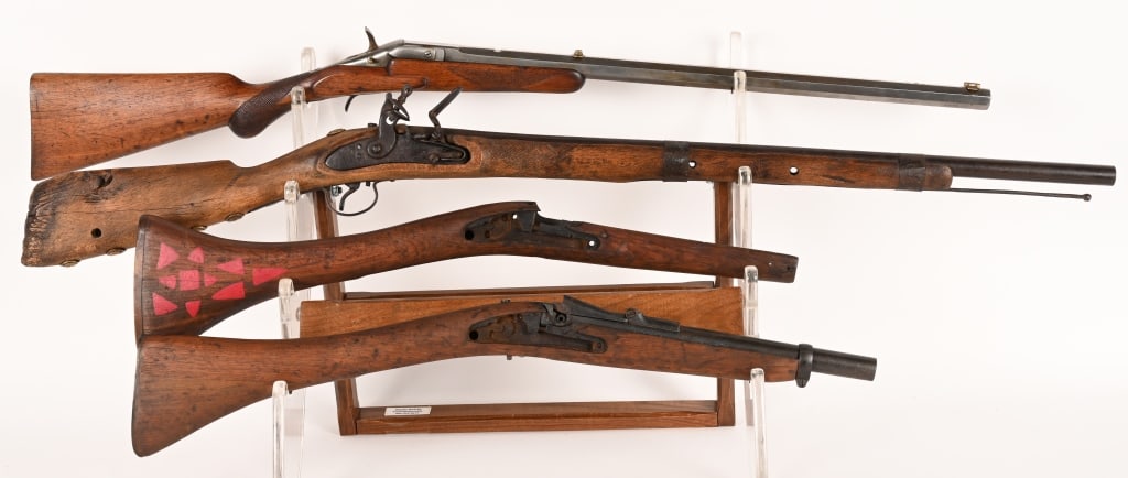 4- ANTIQUE PARTS RIFLES: Lot includes:1. Flobert style, marked Belgium on receiver. 24 1/3" barrel about .8mm caliber. Missing trigger guard and butt plate. Action works. Metal has been cleaned. Checkered stock has had light