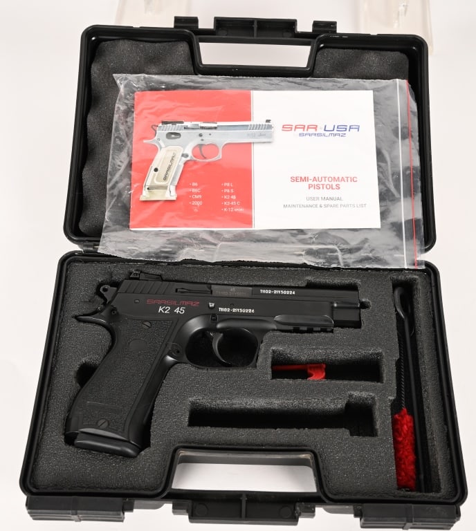 SARSILMAZ K2 45 SEMI AUTOMATIC PISTOL: SERIAL NUMBER: t1102-2IY50224. BARREL: 4 ?". CALIBER; .45 ACP. This SAR 9 features a black polymer frame with picatinny rail for accessories, steel slide with 3-dot sights, an ambidextrous safety and