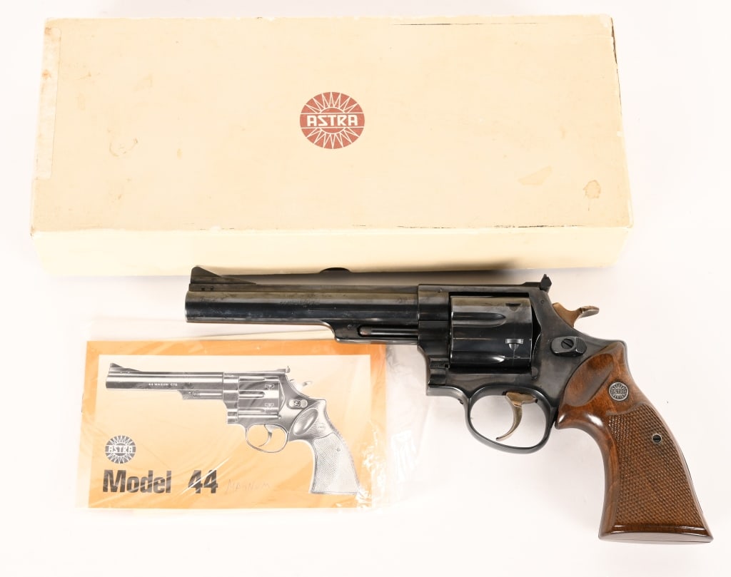 ASTRA MODEL 44 DOUBLE ACTION .44 MAGNUM REVOLVER: SERIAL NUMBER: R436486. BARREL: 6" BARREL. CALIBER: .44 MAGNUM. Imported by Interarms circa 1980s. Features include polished blue finish, pinned barrel, ramped front sight, adjustable square notch rea