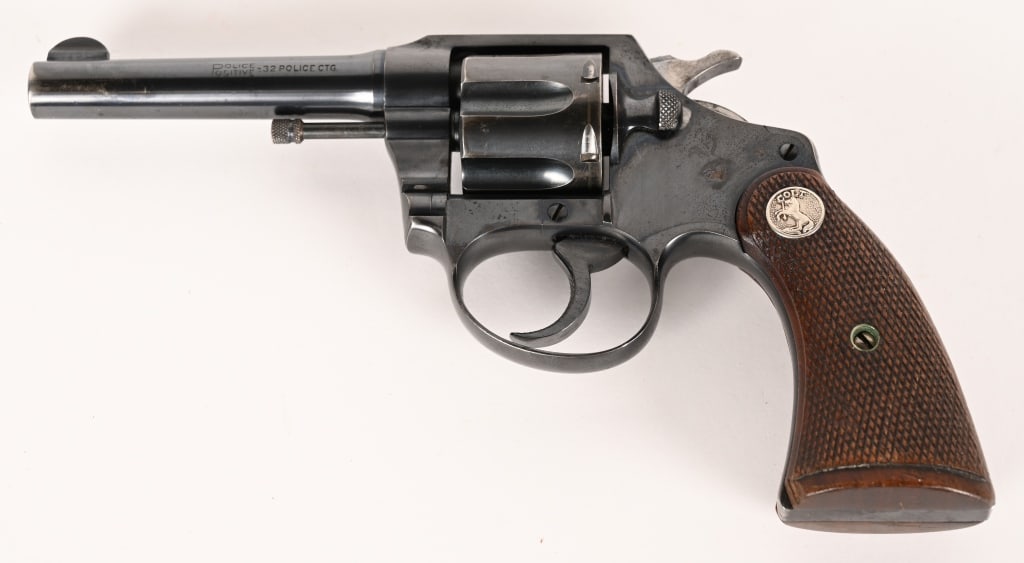 PRE-WAR COLT .32 POLICE POSITIVE REVOLVER: SERIAL NUMBER: 333111. BARREL: 4". CALIBER: .32 Police. MANUFACTURED: 1928. This was a favorite pocket gun with big city police during the roaring twenties. It is standard in all respects with blue fi