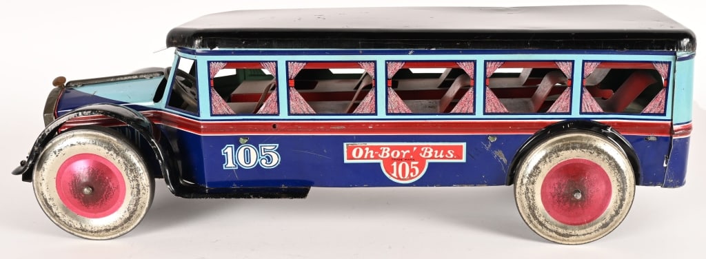 KIDDIE METALS OH-BOY #105 BUS: Kiddie Metals Oh-Boy #105 Bus. All original with great colors and design. Very nice condition. 19" Excellent
