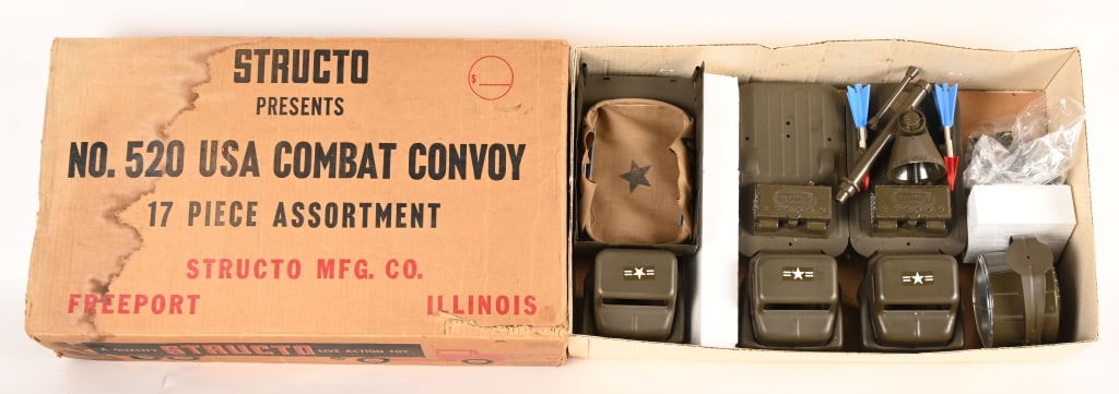 STRUCTO #520 USA COMBAT CONVOY w/ BOX: Structo #520 USA Combat Convoy. All original and never played with condition. Includes 3 Trucks and Accessories. Boxed. 22" Excellent