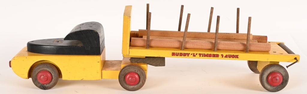 BUDDY L WOODEN TIMBER TRUCK: Buddy L Wooden Timber Truck. All original with excellent paint and decals. Comes with Log Load. 25" Excellent