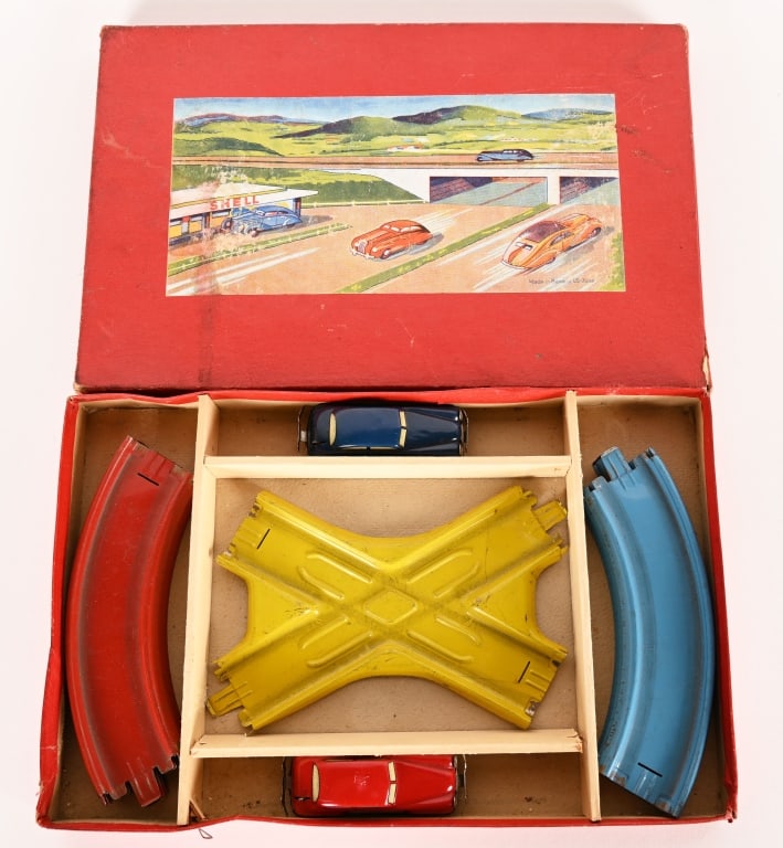 GERMAN TIN WINDUP AUTOMOBILE TURNPIKE SET w/ BOX (1 of 8)