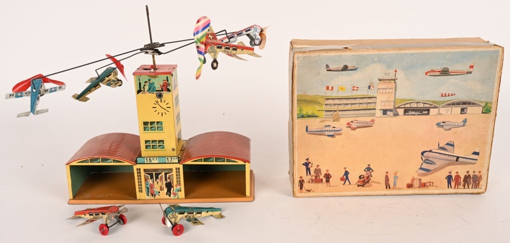 GERMAN TIN WINDUP AIRPORT GO-ROUND w/ BOX (1 of 8)