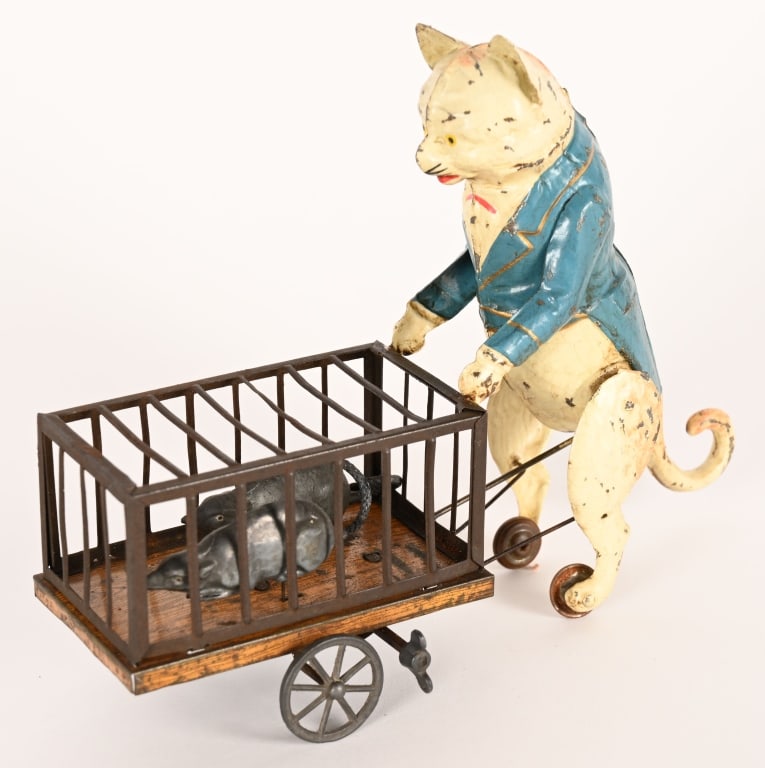 GERMAN HAND PAINTED WINDUP CAT w/ MICE IN CAGE (1 of 6)