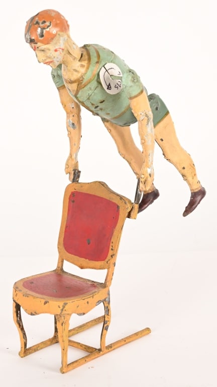 GERMAN HAND PAINTED TIN WINDUP CLOWN & CHAIR (1 of 5)