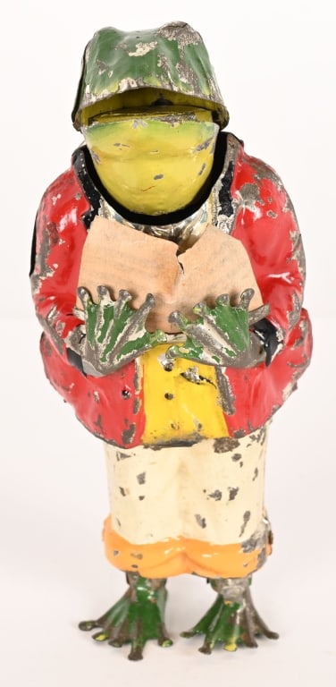GERMAN HAND PAINTED TIN WINDUP SINGING FROG: German hand painted tin windup Signing Frog. All original condition. Windup works and frogs mouth moves. 8" very Good-Excellent