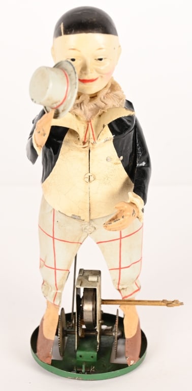 GERMAN HAND PAINTED TIN WINDUP CLOWN TIPPING HAT (1 of 6)