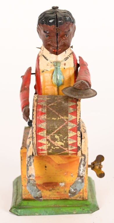GERMAN HAND PAINTED TIN WINDUP MINSTREL DRUMMER (1 of 5)