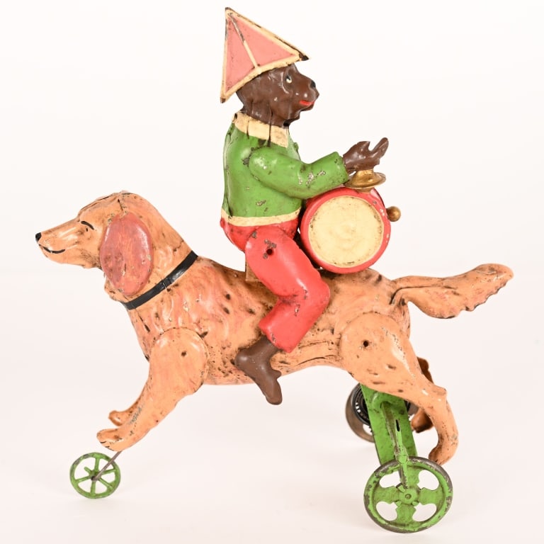 GERMAN HAND PAINTED TIN WINDUP MONKEY RIDING DOG (1 of 6)