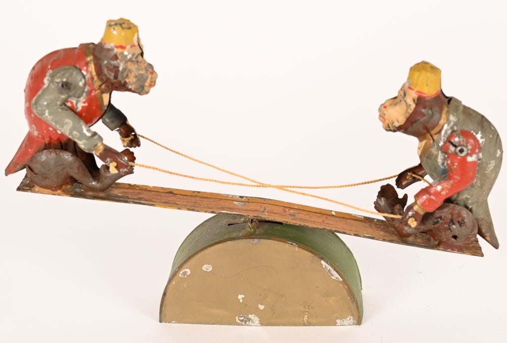 GERMAN HAND PAINTED TIN WINDUP MONKEY SEE SAW (1 of 5)