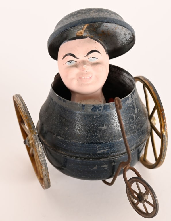 GERMAN BISQUE MAN IN TIN POT PULL TOY (1 of 5)