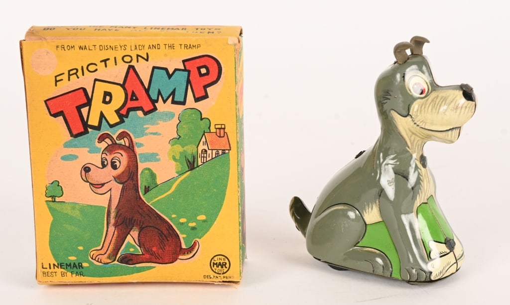 LINEMAR TIN FRICTION WALT DISNEY'S TRAMP w/ BOX: Linemar tin friction Walt Disney's Tramp. All original in great shape. Friction works. Boxed 4" Excellent